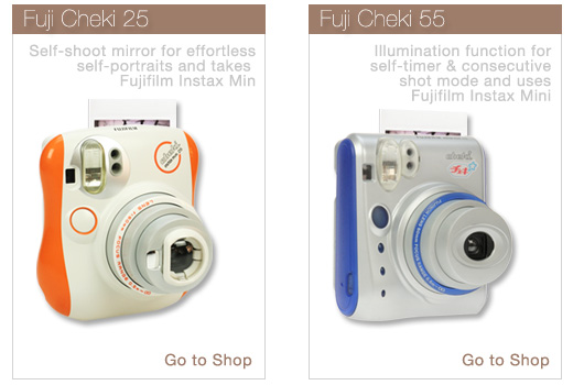 Fuji Cheki 25 -
									Self-shoot mirror for effortless self-portraits and takes Fujifilm Instax Mini - Go to Shop:
									http://shop.lomography.com/go/?where=shop&pro=imt + Fuji Cheki 55 - Illumination function for self-timer & 
									consecutive shot mode.  Uses Fujifilm Instax Mini - Got to Shop:
									http://shop.lomography.com/go/?where=shop&pro=imf
